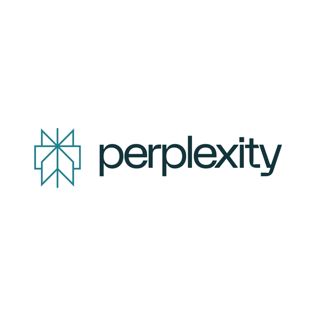 Geometric blue logo, stylized shape resembling a flower or starburst.